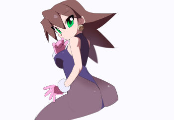 Rule 34 | 1girl, black pantyhose, blue leotard, breasts, brown hair, commentary request, earrings, from behind, gloves, green eyes, invisible chair, jewelry, kaidou zx, large breasts, leotard, long hair, looking at viewer, looking back, medium hair, mega man (series), mega man legends (series), pantyhose, pink gloves, simple background, sitting, skull earrings, solo, tron bonne (mega man), white background