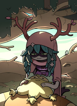 1boy 1girl adventure_time adventure_time:_fionna_and_cake antlers black_mask colored_sclera colored_skin commentary discount-supervillain english_commentary eye_mask finn_the_human green_skin hat hat_with_ears horns huntress_wizard mask plant_hair shirt smile t-shirt toon_(style) tree tunic