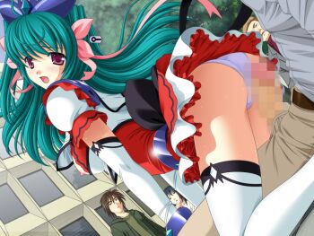 1girl 2000s_(style) 4boys :o ass ayahime_kurumi blush bow breasts censored elbow_gloves game_asset gloves green_hair hair_ribbon hetero imminent_penetration imminent_rape large_breasts lemmtear_theta long_hair magical_girl mahou_senshi_(series) mahou_senshi_lemmtear_knights mosaic_censoring multiple_boys nipples non-web_source official_art open_mouth outdoors panties parted_lips penis public_indecency purple_eyes ribbon saitou_natsuki self-datamine skirt solo_focus thighhighs underwear variant_set visual_novel_cg white_panties