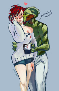 alien alternate_costume commander_shepard commander_shepard_(female) couple drell english_text frostmdl good_morning kissing_cheek mass_effect_(series) thane_krios tumblr
