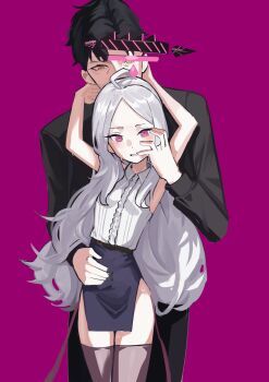 1boy 1girl ahoge armpits arms_up bare_shoulders black_hair blue_archive collar commentary_request dot_nose fluffy_hair formal_clothes greyscale highres hina_(blue_archive) long_hair monochrome open_mouth pink_eyes purple_background sensei_(blue_archive) sleeveless solokitsune suit sweatdrop thighhighs