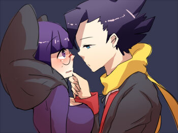 1boy 1girl black_hair blue_coat blue_eyes blunt_bangs blush bob_cut bow breasts cleavage coat glasses grimsley_(pokemon) hair_between_eyes half-closed_eyes large_bow large_breasts long_sleeves low-cut medium_breasts neck_pillow necktie nintendo open_mouth pointy_hair pokemon pokemon_bw purple_eyes purple_hair red_necktie rimless_eyewear round_eyewear scarf shauntal_(pokemon) shirt short_hair spiked_hair sweatdrop tailcoat upper_body white_shirt wocam yellow_scarf
