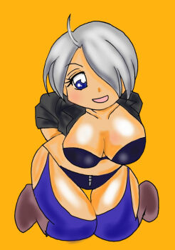 1girl angel_(kof) ayukawa88kawa blue_eyes breasts female_focus huge_breasts jacket kneeling large_breasts looking_at_viewer open_clothes panties short_hair smiley_face the_king_of_fighters thick_thighs thighs underwear white_hair