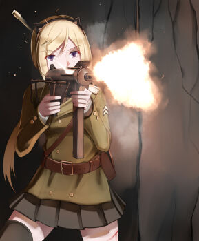 1girl aiming animal_ears blonde_hair blood blood_on_leg casing_ejection commentary_request firing girls&#039;_frontline green_jacket gun highres holding holding_gun holding_weapon jacket long_hair long_sleeves m3_(girls&#039;_frontline) m3_submachine_gun military_jacket muzzle_flash nguyen_tam_lee purple_eyes shell_casing short_hair skirt solo submachine_gun thighhighs weapon