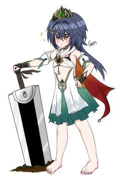 1girl anklet bare_shoulders barefoot berserk breasts bridal_gauntlets chinese_clothes detached_sleeves dragonslayer_(sword) earrings green_skirt hair_between_eyes hair_ornament hairclip headpiece highres holding honkai:_star_rail honkai_(series) huge_weapon jewelry kanata_genma long_hair looking_at_viewer pendant red_nails shuangyaji single_earring skirt solo weapon wrist_guards yellow_eyes yunli_(honkai:_star_rail)