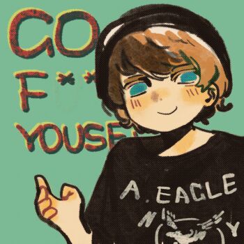 Rule 34 | 1boy, animification, aqua background, beanie, black hat, black shirt, blonde hair, blue eyes, blush, brown hair, censored profanity, chinese commentary, closed mouth, clothes writing, cocobolo64588, colored eyelashes, commentary request, deformed, english text, hair behind ear, hair between eyes, halftone, halftone background, hand up, hat, highres, jitome, looking at viewer, male focus, no pupils, nose blush, profanity, randy stair, real life, shirt, short hair, short sleeves, simple background, smile, solo, straight-on, swept bangs, true crime, upper body, very short hair