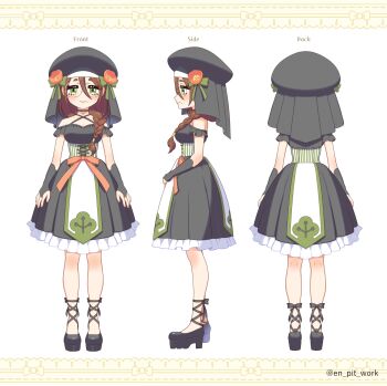 Rule 34 | 1girl, black bridal gauntlets, black choker, black dress, black hat, black shoes, braid, breasts, bridal gauntlets, brown hair, choker, cleavage, commentary request, corset, criss-cross halter, dress, glasses, green eyes, hair over shoulder, halterneck, hat, highres, indie virtual youtuber, medium breasts, medium dress, mole, mole under mouth, ninshou satori, platform heels, pokipoki, reference sheet, round eyewear, shoes, single braid, striped clothes