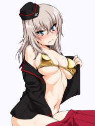 Rule 34 | 1girl, between legs, bikini, black shirt, blue eyes, blush, breasts, closed mouth, clothes pull, frown, girls und panzer, gold bikini, grey hair, hand between legs, hat, highres, itsumi erika, kuromorimine military uniform, large breasts, looking at viewer, military hat, oosaka kanagawa, pleated skirt, red skirt, shirt, simple background, skirt, skirt pull, solo, sweat, swimsuit, v-shaped eyebrows, wavy mouth