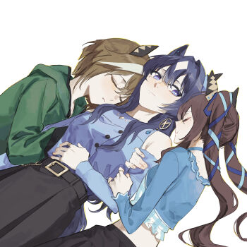 3girls absurdres animal_ears aqua_ribbon arm_hug bare_shoulders belt belt_buckle black_belt black_skirt blue_eyes blue_hair blue_ribbon blue_shirt brown_hair buckle buttons cheval_grand_(casual)_(umamusume) cheval_grand_(umamusume) closed_mouth clothing_cutout diamond_(shape) ear_covers earrings green_hoodie hair_between_eyes hair_ribbon hand_on_own_stomach hashtag-only_commentary highres hood hoodie horse_ears horse_girl horse_tail jewelry long_hair long_sleeves looking_at_another lying multicolored_hair multiple_girls necklace on_back on_side parted_lips ribbon ring shirt short_hair shoulder_cutout siblings simple_background single_earring sisters skirt streaked_hair tail twintails umamusume v_sisters verxina_(casual)_(umamusume) verxina_(umamusume) vivlos_(casual)_(umamusume) vivlos_(umamusume) white_background white_hair zy_(zyyyyyyy9)