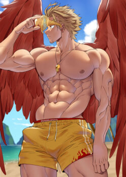 Rule 34 | 1boy, abs, absurdres, alternate costume, alternate pectoral size, bara, bare pectorals, beach, blonde hair, boku no hero academia, bulge, cowboy shot, facial hair, feathered wings, hawks (boku no hero academia), highres, large pectorals, lifeguard, male focus, male swimwear, mature male, muscular, muscular legs, muscular male, navel, nipples, outdoors, pectorals, red wings, short hair, solo, stomach, stubble, suyohara, swim briefs, thighs, topless male, water, whistle, whistle around neck, wings, yellow male swimwear