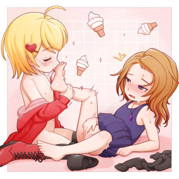 2girls ^^^ ahoge ankle_grab bare_legs bare_shoulders barefoot barime_(the_candy_universe) black_thighhighs blonde_hair blush boots brown_hair cleft_of_venus closed_eyes collarbone crystal dress feet female_focus female_masturbation fingering flat_chest foot_worship freckles from_side full_body groin hair_ornament half-closed_eyes heart heart_hair_ornament highres ice_cream_cone jewelry lace-up_boots leg_up licking_foot loli masturbation medium_hair monchichiwa motion_blur motion_lines multiple_girls navel necklace no_bra no_panties off_shoulder open_clothes open_mouth original purple_dress purple_eyes pussy saliva shoes short_hair sitting sleeveless socks soles sparkle susan_(the_candy_universe) sweat tearing_up thighhighs toes tongue tongue_out trembling uncensored unworn_shoes unworn_socks wariza yuri