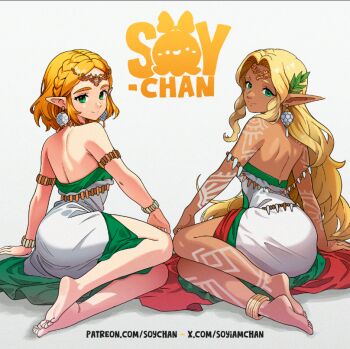 2girls ancestor_and_descendant anklet arm_support arm_tattoo armlet artist_name bare_shoulders barefoot blonde_hair bracelet braid circlet closed_mouth commentary crown_braid dress earrings english_commentary green_eyes hyrule_warriors:_age_of_imprisonment jewelry leg_tattoo long_hair looking_at_viewer looking_back multiple_girls nintendo patreon_username princess_zelda short_hair sitting sonia_(zelda) soy-chan strapless strapless_dress tattoo the_legend_of_zelda the_legend_of_zelda:_tears_of_the_kingdom twitter_username white_background white_dress