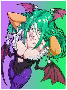 1girl bare_shoulders baron_(varon666) black_leotard breasts capcom cleavage clothing_cutout collarbone cosplay darkstalkers demon_girl fuuto_tantei green_eyes green_hair halloween head_wings heart_cutout highres kamen_rider kamen_rider_w large_breasts leotard long_hair morrigan_aensland morrigan_aensland_(cosplay) pantyhose parted_lips purple_pantyhose solo strapless strapless_leotard tokime_(fuuto_tantei) varon wings