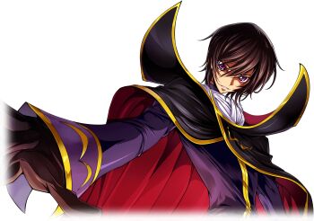1boy arm_at_side artist_request ascot black_cape black_gloves black_hair cape coat code_geass code_geass:_lost_stories cropped_torso game_cg gloves gold_trim hair_between_eyes happy high_collar highres lelouch_vi_britannia looking_at_viewer male_focus non-web_source official_art outstretched_arm parted_lips purple_coat purple_eyes reaching reaching_towards_viewer short_hair sidelocks simple_background smile solo standing teeth transparent_background two-tone_cape underlighting upper_body v-shaped_eyebrows white_ascot zero_(code_geass)