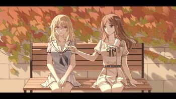 2girls artist_request bang_dream! bang_dream!_it&#039;s_mygo!!!!! belt bench black_ribbon blonde_hair blue_belt blue_shirt breasts brown_hair chinese_commentary commentary_request commission crying crying_with_eyes_open dress grey_eyes hair_between_eyes hanasakigawa_school_uniform highres long_hair medium_breasts medium_hair misumi_uika multiple_girls nagasaki_soyo neck_ribbon park_bench pleated_skirt puffy_short_sleeves puffy_sleeves purple_eyes ribbon sailor_collar school_uniform second-party_source serafuku shirt short_hair short_sleeves sidelocks sitting skirt tears tsukinomori_school_uniform white_dress white_sailor_collar white_skirt