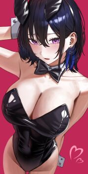 1girl absurdres alternate_breast_size_(larger) animal_ear_hairband animal_ears bare_shoulders black_hair black_leotard blue_hair blush breasts cleavage collarbone covered_navel detached_collar ear_piercing earrings eden_(edenaldojj) fake_animal_ears hair_behind_ear hair_between_eyes hairband hand_on_own_head heart heart_earrings highleg highleg_leotard highres ichinose_uruha jewelry large_breasts leotard looking_at_viewer medium_hair multicolored_hair piercing playboy_bunny purple_eyes rabbit_ear_hairband rabbit_ears simple_background solo strapless strapless_leotard streaked_hair virtual_youtuber vspo! wrist_cuffs