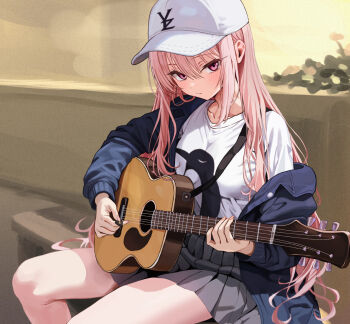 1girl :/ black_jacket blush breasts closed_mouth collarbone commentary day eyelashes feet_out_of_frame film_grain fingernails frown grey_skirt guitar hair_between_eyes harumi_ena hat highres holding holding_guitar holding_instrument holding_plectrum instrument jacket junyongkim9 large_breasts limelight_lemonade_jam long_hair long_sleeves looking_at_viewer miniskirt music on_bench open_clothes open_jacket outdoors peaked_cap penguin_print pink_eyes pink_hair playing_guitar playing_instrument pleated_skirt plectrum print_shirt shirt sidelocks sitting skirt solo split_mouth thighs tsurime very_long_hair white_hat white_shirt