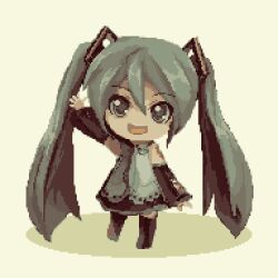 Rule 34 | 1girl, aqua eyes, aqua hair, black footwear, black necktie, boots, chibi, daisen (specialdaisen), detached sleeves, dress, full body, hatsune miku, long hair, looking at viewer, mikudayoo, necktie, open mouth, pixel art, simple background, smile, solo, standing, twintails, very long hair, vocaloid, waving