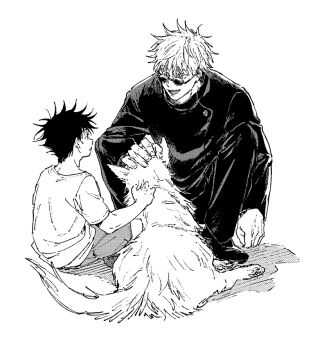 2boys aged_down animal commentary_request full_body fushiguro_megumi glasses gojou_satoru greyscale jj59u jujutsu_kaisen jujutsu_tech_uniform looking_at_another male_focus monochrome multiple_boys open_mouth petting round_eyewear short_hair shorts simple_background sitting spiked_hair squatting white_background wolf