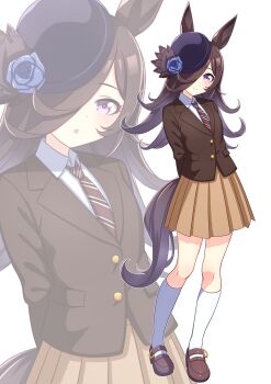 1girl animal_ears blue_flower blue_rose blush brown_hair brown_jacket brown_skirt closed_mouth collared_shirt commentary_request flipped_hair flower hair_over_one_eye hat hat_flower highres hokuyukis horse_ears horse_girl horse_tail jacket kneehighs long_hair looking_at_viewer necktie parted_lips pleated_skirt purple_eyes rice_shower_(umamusume) rose shirt shoes simple_background skirt smile socks tail tilted_headwear umamusume white_background white_shirt white_socks zoom_layer