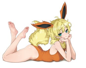 1girl animal_ears barefoot blonde_hair blue_eyes feet flareon gen_1_pokemon humanization leotard looking_at_viewer lying medium_hair nihu nintendo on_stomach pokemon smile soles tail the_pose toes