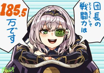 1girl arm_guards asymmetrical_hair black_hairband braid breasts buru-dai cleavage cleavage_cutout clothing_cutout commentary_request dragon_ball dragonball_z green_eyes grey_hair hairband hololive large_breasts mole mole_on_breast open_mouth parody raised_inner_eyebrows scouter shirogane_noel shirogane_noel_(1st_costume) signature smile solo translation_request upper_body virtual_youtuber