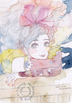 1girl blonde_hair brown_eyes closed_mouth commentary_request dated detached_sleeves earrings final_fantasy final_fantasy_vi floating_hair hair_floating_upwards hair_ribbon jewelry jimiee2022 lips long_hair looking_at_viewer painting_(medium) pale_color ponytail ribbon self_hug solo tina_branford traditional_media twitter_username upper_body watercolor_(medium) watermark