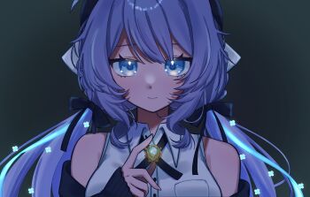 ahoge bare_shoulders black_cardigan black_ribbon blue_eyes breast_pocket breasts cardigan cardigan_partially_removed chest_jewel collared_shirt commentary_request cropped_head cropped_torso drill_hair drill_sidelocks grey_hair hair_between_eyes hair_intakes hair_ribbon highres looking_at_viewer loose_hair_strand medium_breasts neck_ribbon open_cardigan open_clothes pa_o_zu pocket ramune_(vrchat) ribbon shirt sidelocks simple_background sleeveless sleeveless_shirt twintails upper_body vrchat white_shirt