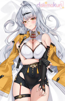 1girl arm_under_breasts armlet asymmetrical_gloves black_gloves black_unitard blanket blush breasts cleavage closed_mouth coin coin_on_string commentary dakimakura_(medium) elbow_gloves fingerless_gloves gloves gold_armlet hair_ornament hairpin high-waist_shorts highres jacket jewelry large_breasts logo long_hair looking_at_viewer lying matrix16 mole mole_on_breast mole_on_chest on_bed orange_eyes shorts single_bare_shoulder single_elbow_glove single_hair_intake solo sweat thigh_strap uneven_gloves yellow_jacket yin_yang_pin yixuan_(zenless_zone_zero) zenless_zone_zero