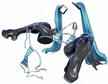 1girl aqua_hair bikini black_boots boots commentary elbow_gloves full_body gloves hatsune_miku high_heel_boots high_heels invisible long_hair platform_boots sashizume_soutarou side-tie_bikini_bottom simple_background sitting solo spread_legs striped_bikini striped_clothes swimsuit thigh_boots twintails untied_bikini_bottom unworn_bikini_bottom very_long_hair vocaloid white_background wide_spread_legs