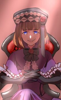Rule 34 | 1girl, armchair, beret, black gloves, black hat, blue eyes, bob cut, bow, capelet, chair, commentary request, dress, dress bow, eva beatrice, evil smile, flower, frilled capelet, frills, gloves, hat, highres, light rays, looking at viewer, own hands clasped, own hands together, purple capelet, purple dress, red flower, red rose, rose, sitting, smile, toyako 34, umineko no naku koro ni