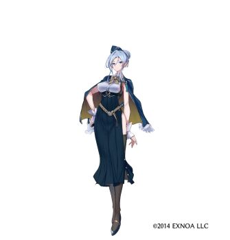 Rule 34 | 1girl, belt, black belt, black hat, black shoes, blue eyes, bow, bowtie, breasts, character request, closed mouth, commentary request, copyright notice, crescent, full body, grey hair, hat, high-waist skirt, highres, oshiro project:re, shoes, skirt, solo, tassel, thighhighs, white background, yellow bow, yellow bowtie, z-ton