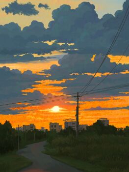 absurdres building cloud cloudy_sky evening fangpeii grass highres no_humans original outdoors path power_lines road scenery sky sun sunset utility_pole