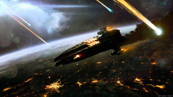 3d angel_cartel_(eve_online) artist_name attack_ship_(eve_online) battle_damage battleship_(eve_online) burning city_lights cloud commentary damaged english_commentary eve_online fire firing flying glowing highres in_orbit machariel_(eve_online) military_vehicle muzzle_flash nidensommer outdoors pirate_faction_(eve_online) planet realistic scenery smoke smoke_trail space spacecraft thrusters vehicle_focus