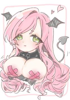 1girl :3 alternate_costume arm_under_breasts bandaid bandaids_on_nipples bare_shoulders bat_wings black_gloves breastless_clothes breasts commentary covered_erect_nipples demon_tail gloves green_eyes hanazono_hahari head_wings heart huge_breasts kimi_no_koto_ga_dai_dai_dai_dai_daisuki_na_100-nin_no_kanojo long_hair looking_at_viewer pasties pink_hair pugu_ko simple_background smile solo swept_bangs tail upper_body white_background wings