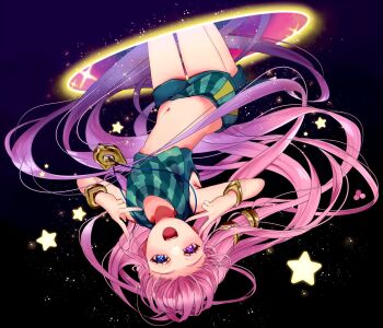 1girl :d blue_eyes bracelet crop_top double_v jewelry league_of_legends long_hair looking_at_viewer mi_kun_(mi1_kn) multicolored_hair navel open_mouth pink_hair portal_(object) purple_hair scarf shorts smile star_(symbol) striped_clothes striped_scarf striped_shorts upside-down v zoe_(league_of_legends)