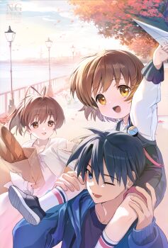 1boy 2girls :d ;d absurdres antenna_hair arm_up autumn autumn_leaves backlighting black_hair black_shorts blue_eyes blue_jacket blue_sky blush bread brown_eyes brown_hair carrying child clannad cloud commentary_request couple day dress family family_bonding father_and_child father_and_daughter food foot_out_of_frame furukawa_nagisa hair_between_eyes hands_on_another's_legs happy hetero highres holding holding_paper_airplane hood hooded_jacket jacket leaf long_dress long_sleeves looking_at_another looking_up medium_hair mother_and_child mother_and_daughter multiple_girls okazaki_tomoya okazaki_ushio one_eye_closed open_clothes open_jacket open_mouth outdoors paper_airplane parent_and_child pink_dress purple_shirt road shirt short_hair shorts shoulder_carry siole sitting sky smile socks spiked_hair standing tareme teeth tree upper_body upturned_eyes watermark white_shirt white_socks