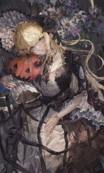 1girl absurdres arknights ascot black_bow black_dress black_horns black_nails black_necktie blonde_hair blunt_bangs bonnet bow closed_mouth crinoline dress flower frills gothic_lolita green_eyes highres horns jack-o'-lantern lolita_fashion long_hair looking_at_viewer necktie nightingale_(an_elegy)_(arknights) nightingale_(arknights) official_alternate_costume pumpkin signature sitting solo vea_(v_ea_)