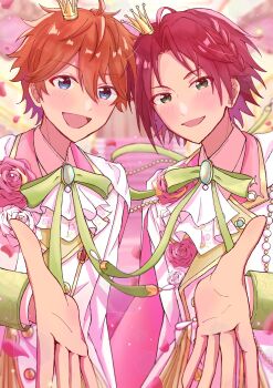 Rule 34 | 2boys, akehoshi subaru, ascot, blue eyes, blush, bow, braid, commentary, crown, ensemble stars!, green bow, green eyes, hair between eyes, highres, isara mao, looking at viewer, male focus, mini crown, motoyarune (ntha 3), multiple boys, open mouth, orange hair, outstretched hand, red hair, short hair, side braid, smile, upper body, white ascot