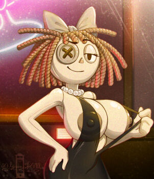 black_dress breasts button_eye cleavage curly_hair dress glitch_productions jewelry looking_at_viewer necklace nipples pearl_necklace ragatha_(the_amazing_digital_circus) the_amazing_digital_circus