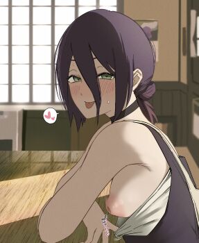 1girl absurdres black_choker blush breasts chainsaw_man choker clothes_pull from_behind green_eyes grey_shirt hair_between_eyes hair_bun heart highres hshs-965 indoors inverted_nipples looking_at_viewer nipples presenting_breasts pulling_own_clothes purple_hair reze_(chainsaw_man) shirt shirt_pull small_breasts solo spoken_heart table tongue tongue_out