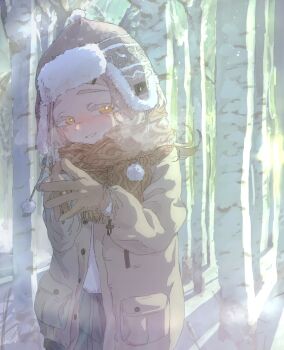 Rule 34 | 1girl, black pants, blush, brown coat, brown gloves, brown scarf, chii (skjt5473), coat, commentary, enpera, flipped hair, forest, fur-trimmed headwear, fur trim, gakuen idolmaster, gloves, hat, highres, idolmaster, looking at viewer, nature, orange eyes, outdoors, own hands together, pants, pom pom (clothes), scarf, shinosawa hiro, smile, snow, solo, steepled fingers, ushanka