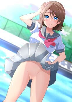 1girl absurdres blue_eyes blush breasts brown_hair commentary_request commission grey_sailor_collar grey_skirt hand_on_own_hip highres kisaragi_setsu_(mssk8485) light_blush looking_at_viewer love_live! love_live!_sunshine!! medium_breasts necktie no_panties pixiv_commission pleated_skirt pool pussy red_necktie sailor_collar salute school_uniform serafuku shirt short_hair short_sleeves skirt smile solo uranohoshi_school_uniform watanabe_you white_shirt wind wind_lift