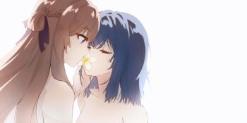 2girls blue_hair blue_ribbon braid brown_hair closed_eyes commentary flower flower_over_mouth hair_between_eyes hair_ribbon half_up_braid hashtag-only_commentary highres long_hair medium_hair mim120809 miyagi_shiori multiple_girls nude purple_eyes ribbon sendai_hazuki shuuniichido_classmate_wo_kau_hanashi yuri