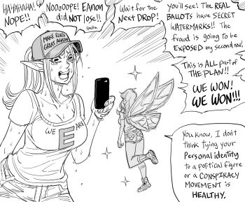 2020 2020_us_election 2girls bad_id baseball_cap bb_(baalbuddy) breasts cellphone cleavage commentary crying crying_with_eyes_open denial elf emphasis_lines english_commentary english_text fairy fairy_wings greyscale hat highres holding holding_phone inactive_account large_breasts maga_hat make_america_great_again mini_person minigirl monochrome multiple_girls original phone pointy_ears politics ponytail qanon shirt smartphone speech_bubble sweat t-shirt tears teeth truth upper_teeth_only wings