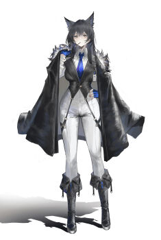 1girl absurdres animal_ear_fluff animal_ears arknights bai_yao_(user_ygua7252) black_hair black_jacket black_vest blue_gloves blue_necktie collared_shirt extra_ears fingerless_gloves food full_body fur-trimmed_jacket fur_trim gloves hair_between_eyes hand_on_own_hip highres holding id_card jacket lapels long_hair long_sleeves looking_at_viewer necktie notched_lapels open_clothes pants pocky shirt solo standing texas_(arknights) texas_the_omertosa_(arknights) vest white_background white_pants white_shirt wing_collar wolf_ears wolf_girl yellow_eyes