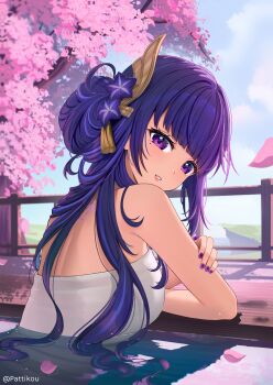 1girl alternate_hairstyle bare_shoulders barefoot blush breasts cherry_blossoms commentary day electro_symbol_(genshin_impact) fingernails flower from_behind genshin_impact hair_flower hair_ornament hand_on_own_arm highres large_breasts long_hair looking_at_viewer looking_back mole mole_under_eye nail_polish naked_towel onsen parted_lips partially_submerged pattikou purple_eyes purple_flower purple_hair purple_nails raiden_shogun solo towel twitter_username upper_body very_long_hair