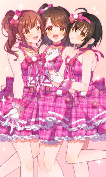 3girls absurdres ahoge bare_arms bare_legs black_hair blush bow_hairband brown_hair commentary_request dress feet_out_of_frame gloves hairband highres idol_clothes idolmaster idolmaster_cinderella_girls igarashi_kyoko kohinata_miho konase_(non_stop!) looking_at_viewer multiple_girls one_side_up pink_check_school_(idolmaster) pink_dress pink_hairband plaid_clothes plaid_dress shimamura_uzuki side_ponytail sleeveless sleeveless_dress smile sparkle white_gloves