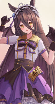 Rule 34 | 1girl, ahoge, alternate costume, animal ears, bat wings, black gloves, black hair, black hairband, blue flower, blue rose, blush, bow, breasts, commentary request, cosplay, flower, frilled hairband, frills, gloves, hair between eyes, hairband, halloween, halloween costume, highres, horse ears, horse girl, long bangs, long hair, long hair between eyes, looking at viewer, manhattan cafe (umamusume), multicolored hair, open mouth, purple skirt, purple wings, rice shower (umamusume), rice shower (umamusume) (cosplay), rice shower (vampire makeover!) (umamusume), rose, shirt, short sleeves, simple background, skirt, small breasts, solo, thurumu, umamusume, very long hair, white hair, white shirt, wings, yellow eyes