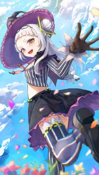 1girl :d absurdres arched_bangs black_capelet black_gloves black_hat black_shoes black_skirt blue_sky blurry blurry_foreground blush bow bowtie capelet commentary_request cropped_shirt depth_of_field falling_petals faux_traditional_media field flower flower_field foot_out_of_frame foreshortening from_behind from_below gloves grey_hair grey_shirt grey_thighhighs hair_bun hair_ornament hairband hat highres hololive jewelry loafers long_hair long_sidelocks long_sleeves looking_at_viewer looking_back looking_down midriff miniskirt multi-source_commentary murasaki_shion murasaki_shion_(1st_costume) nyucha open_mouth outdoors outstretched_arms painterly petals pink_bow pink_bowtie purple_capelet purple_hat running shirt shoe_soles shoes short_eyebrows side_up_bun sidelocks single_side_bun skirt sky smile solo striped_clothes striped_shirt striped_thighhighs thighhighs thighlet tilted_headwear triangle_hair_ornament v-shaped_eyebrows vertical-striped_clothes vertical-striped_shirt vertical-striped_thighhighs virtual_graduation_commemoration virtual_youtuber wind wind_lift witch_hat yellow_eyes